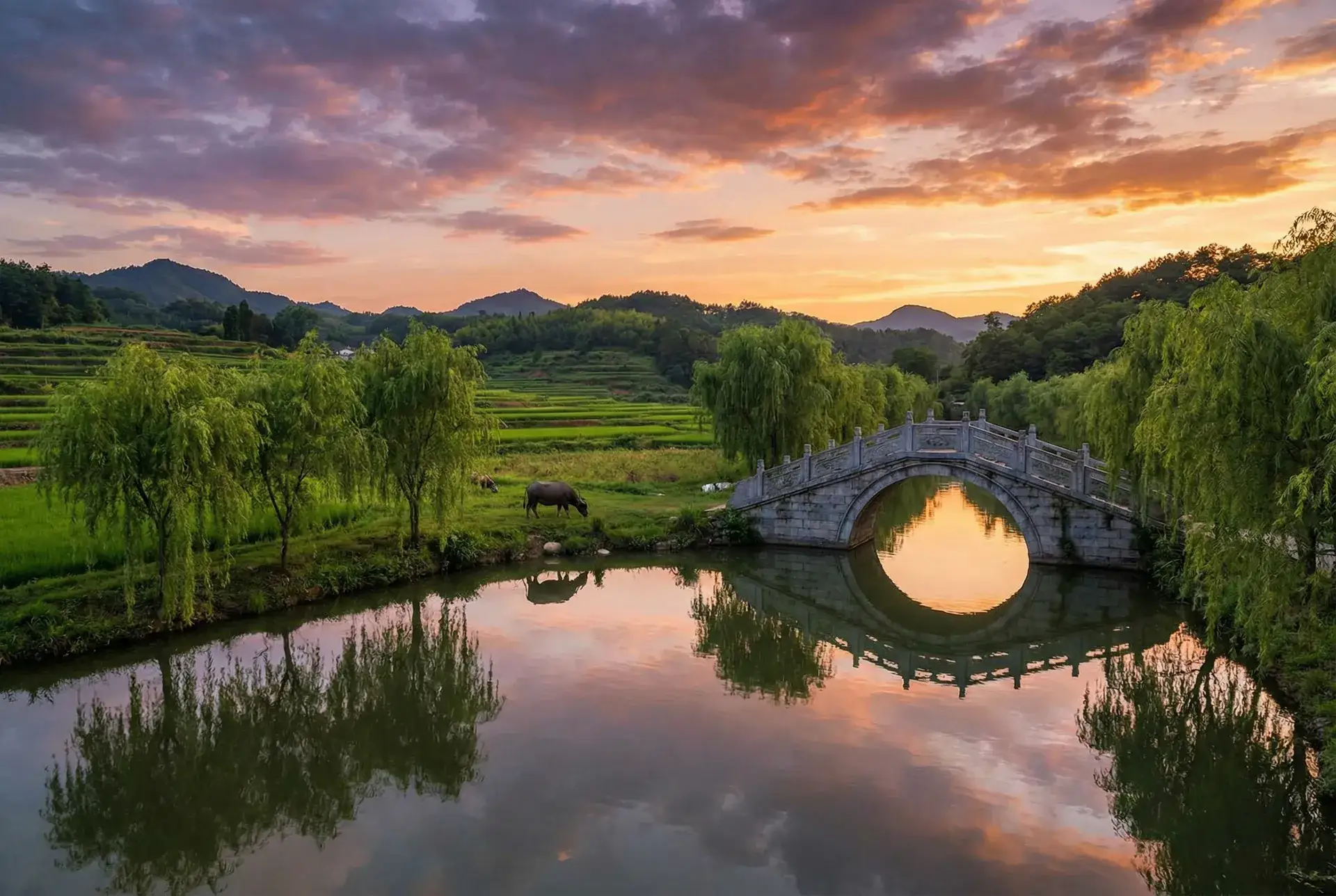 夕阳下的石拱桥与垂柳，水牛在河边吃草 - 濑亚美莉种子下载 乡村美景